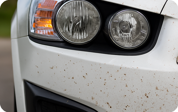 Close-up of a car's headlight with visible dirt and wear.
