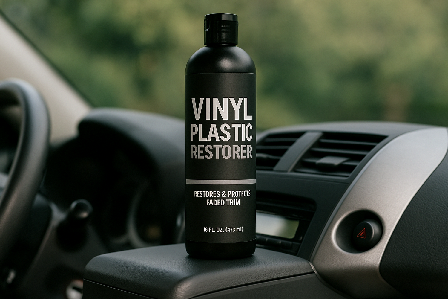 Bottle of vinyl plastic restorer on a car dashboard with a blurred background