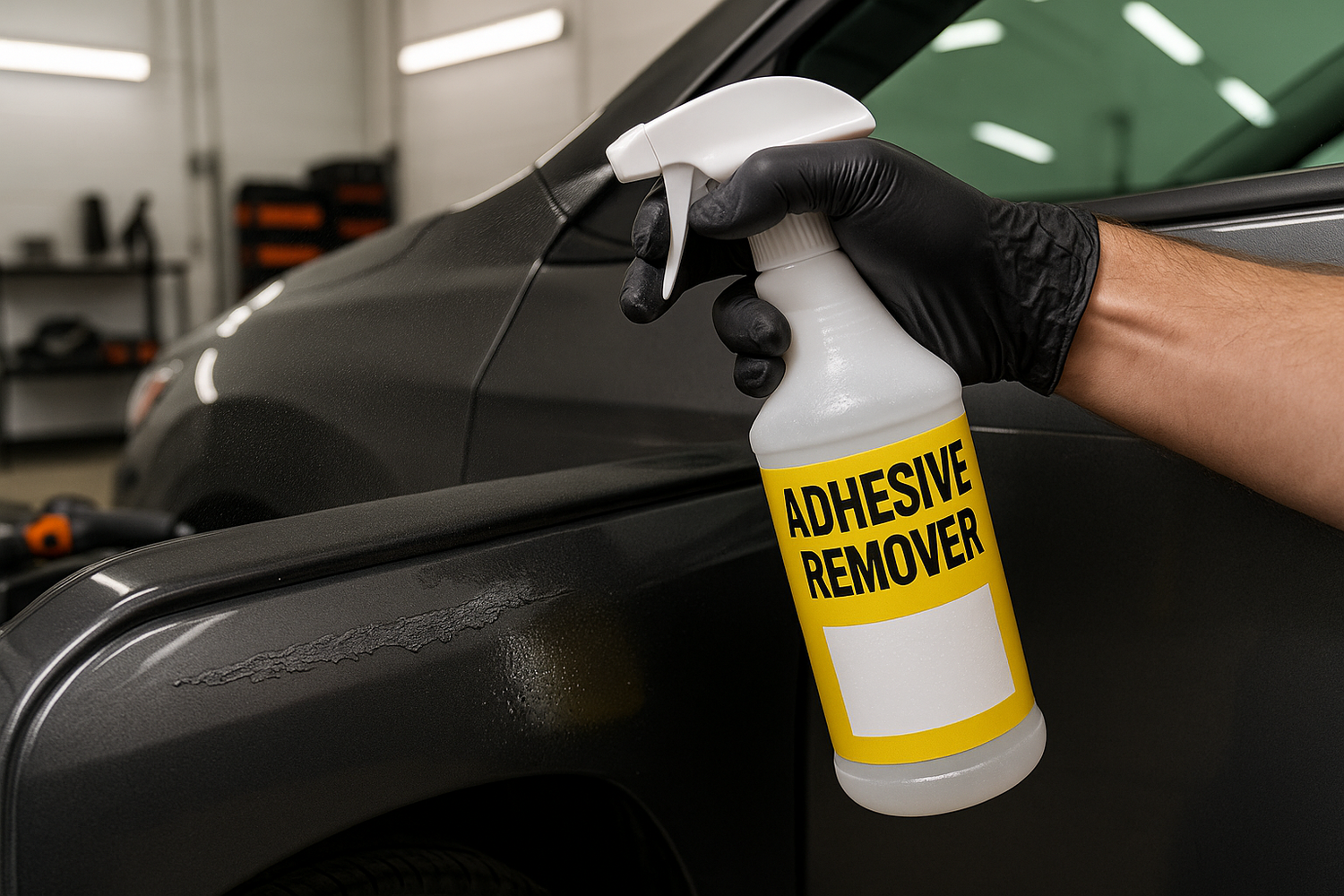 application of adhesive remover on automotive
