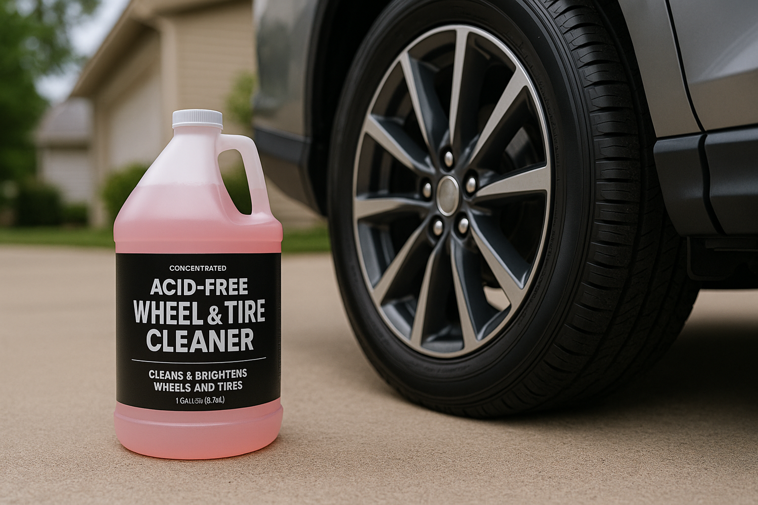 CONCENTRATED ACID-FREE WHEEL AND TIRE CLEANER Gallon next to parked car tired on a driveway
