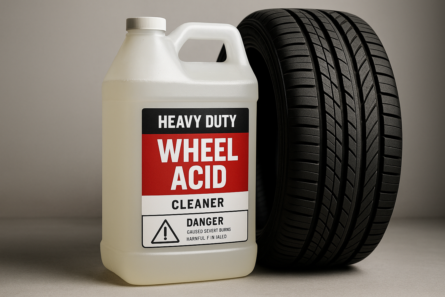 HEAVY DUTY WHEEL ACID gallon next to a car tire
