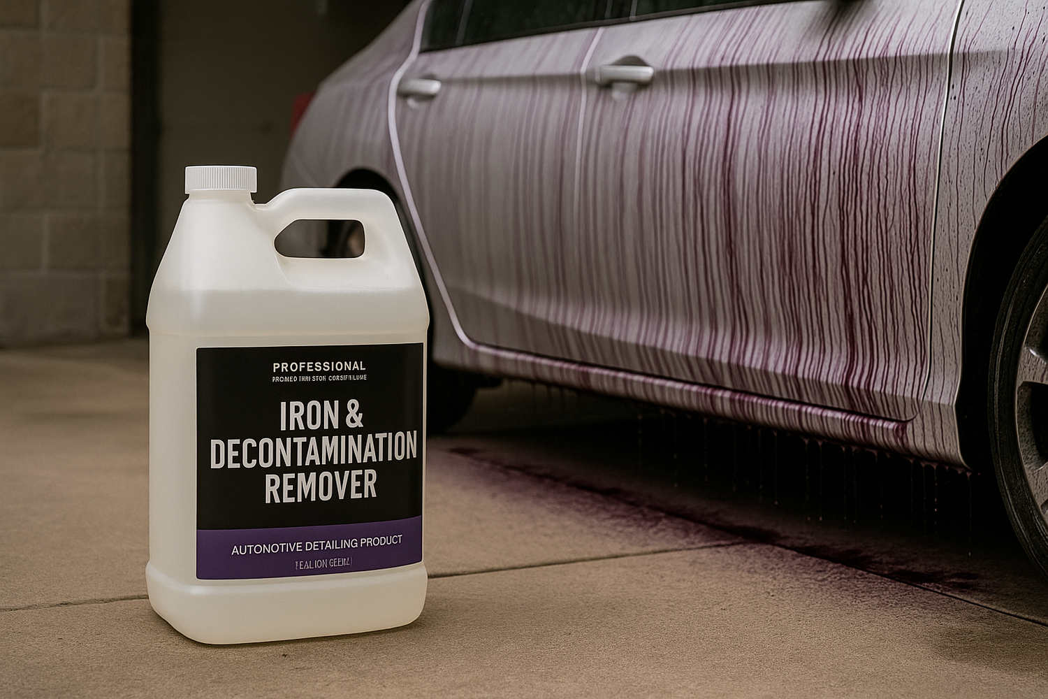 IRON & DECON REMOVER gallon next to a park car getting used the car has streaks of purple chemical runs