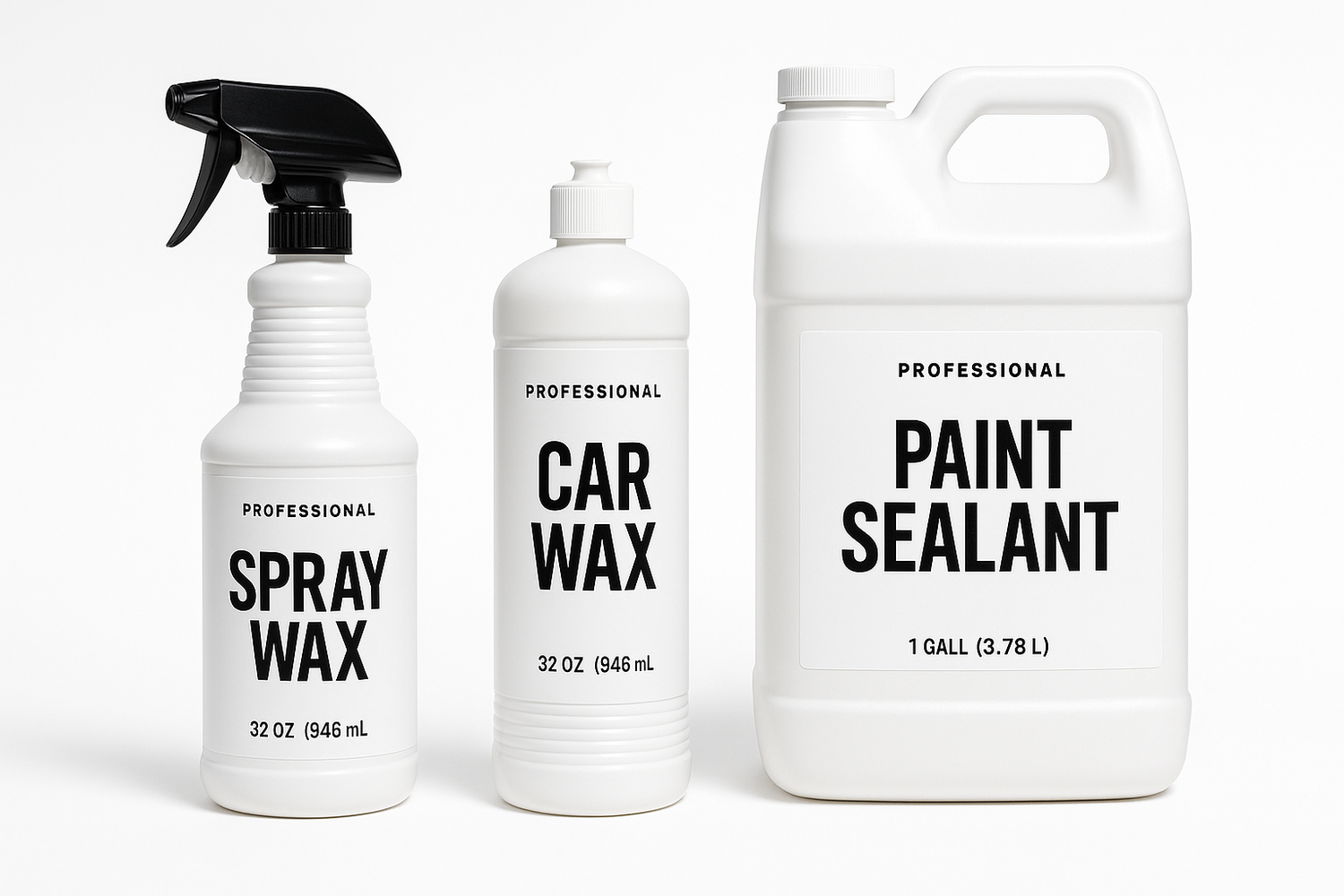 maybe 3 bottle sizes a 32oz white ribbed bottle with sprayer for a spray wax, a 32 oz white ribbed bottle with a push up cap for s car wax, and a white gallon for a paint sealant