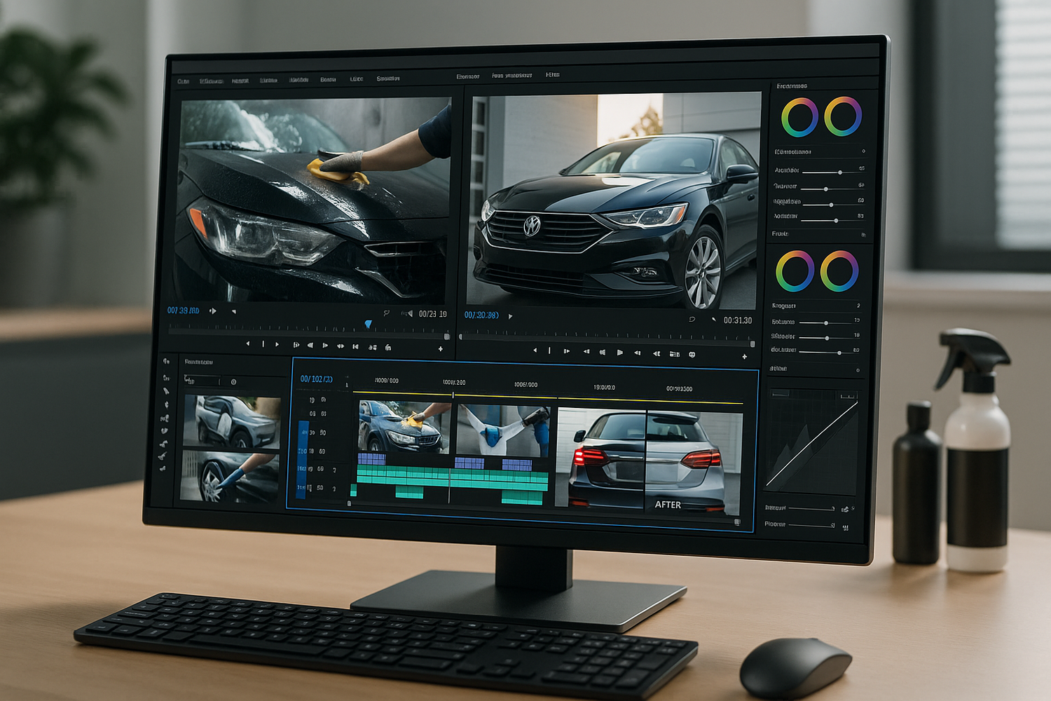 monitor editing a video about car cleaning