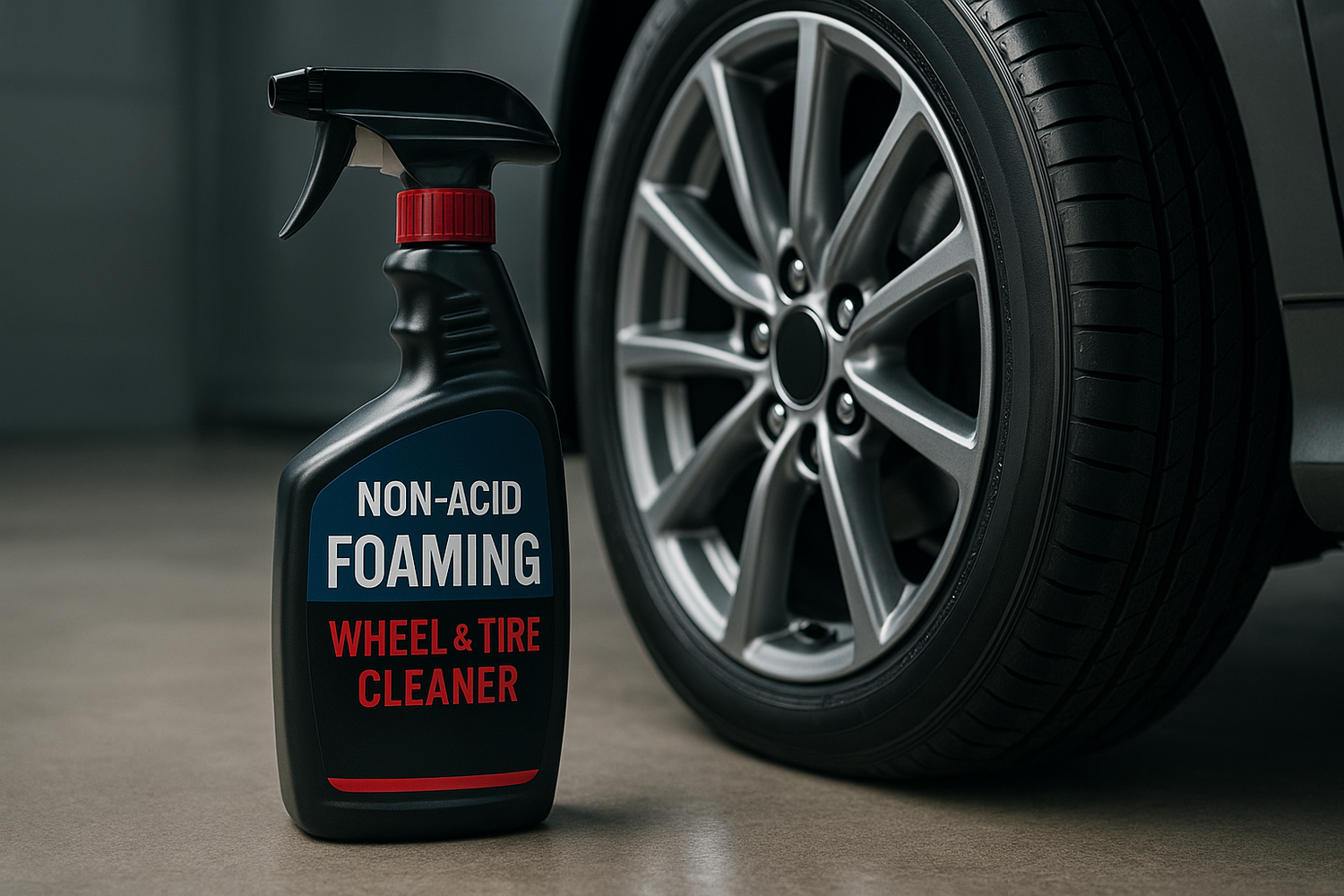 NON-ACID FOAMING WHEEL & TIRE CLEANER next to a car tire
