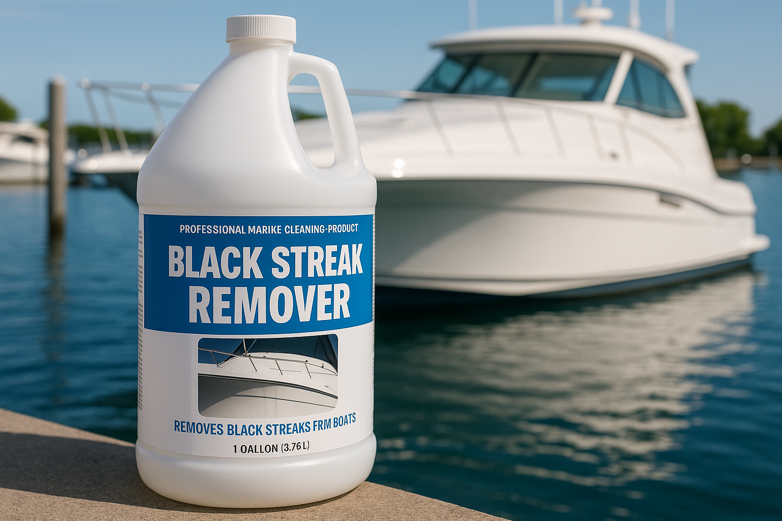black streak remover gallon  with a boat in the background 