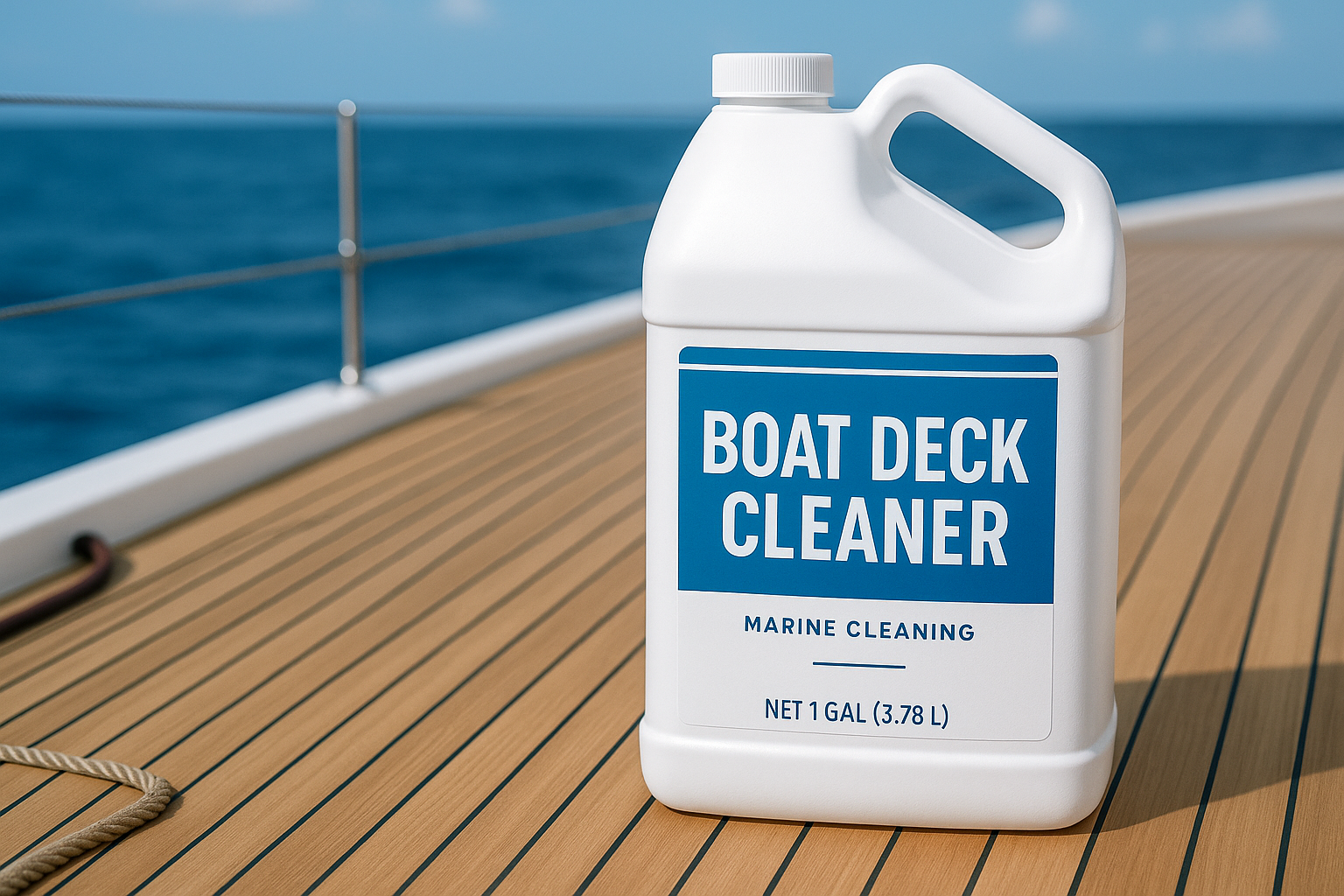 Boat deck cleaner gallon with a boat deck in the background