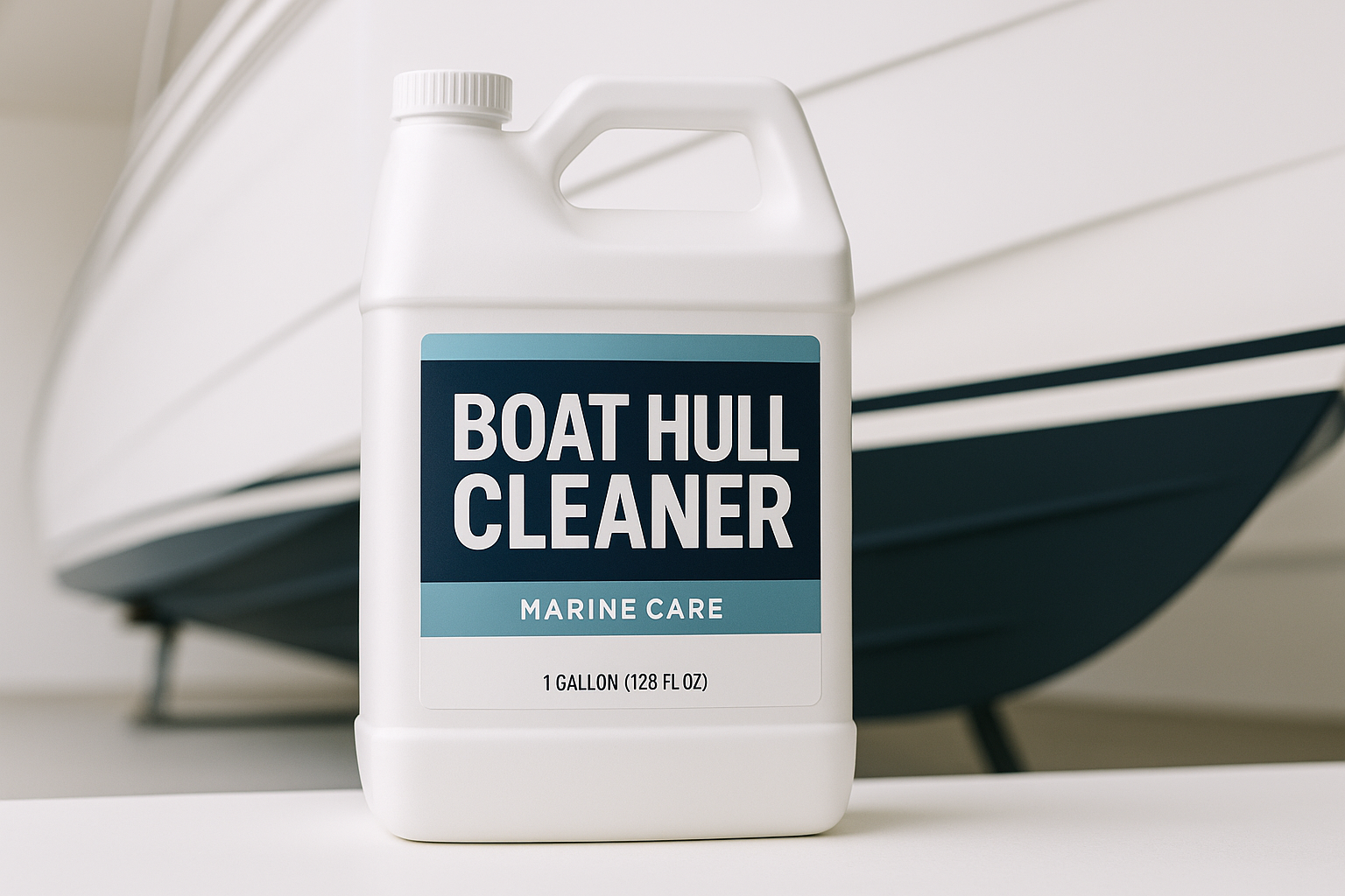 Boat Hull Cleaner gallon with a boat hull in the background