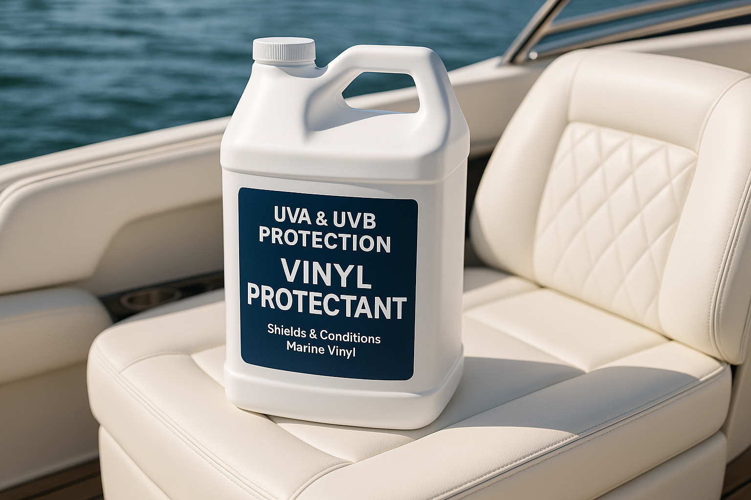 Boat Vinyl Protectant with UVA and UVB gallon on boat vinyl seats