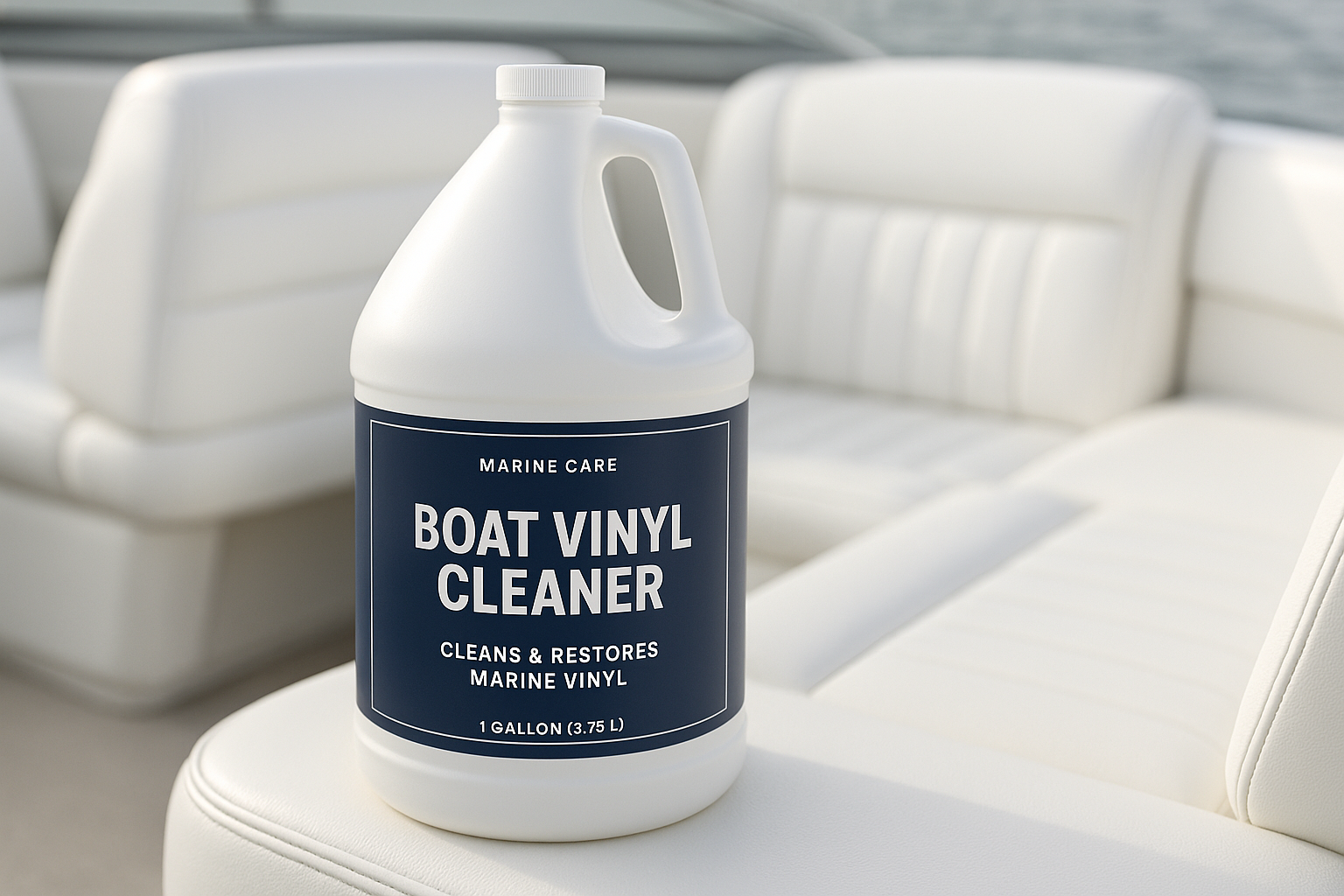 gallon boat vinyl cleaner with boat vinyl seats in the background