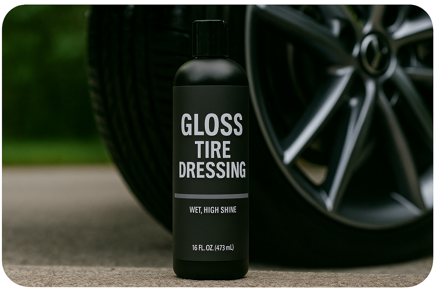 Bottle of gloss tire dressing in front of a car tire
