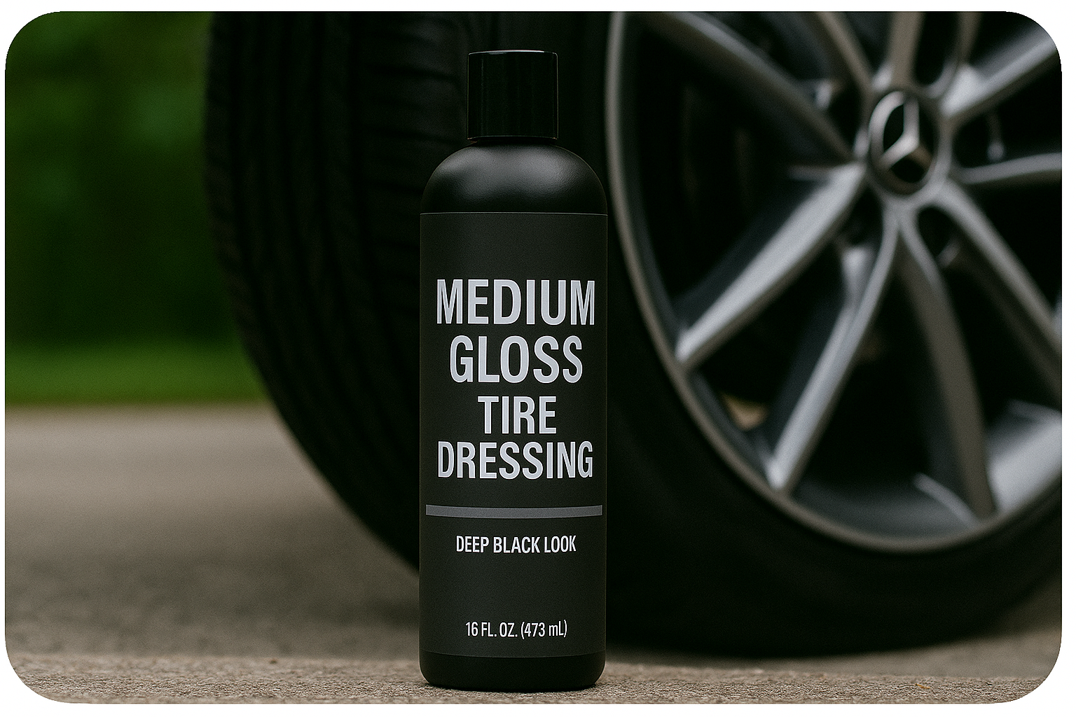 Bottle of medium gloss tire dressing in front of a car tire