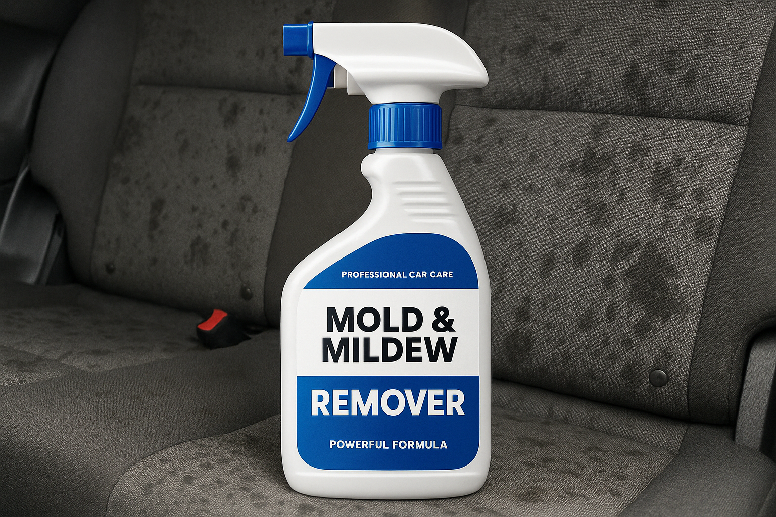 mold and mildew remover with a dirty mold seats in the background. dont mention bleach in the product
