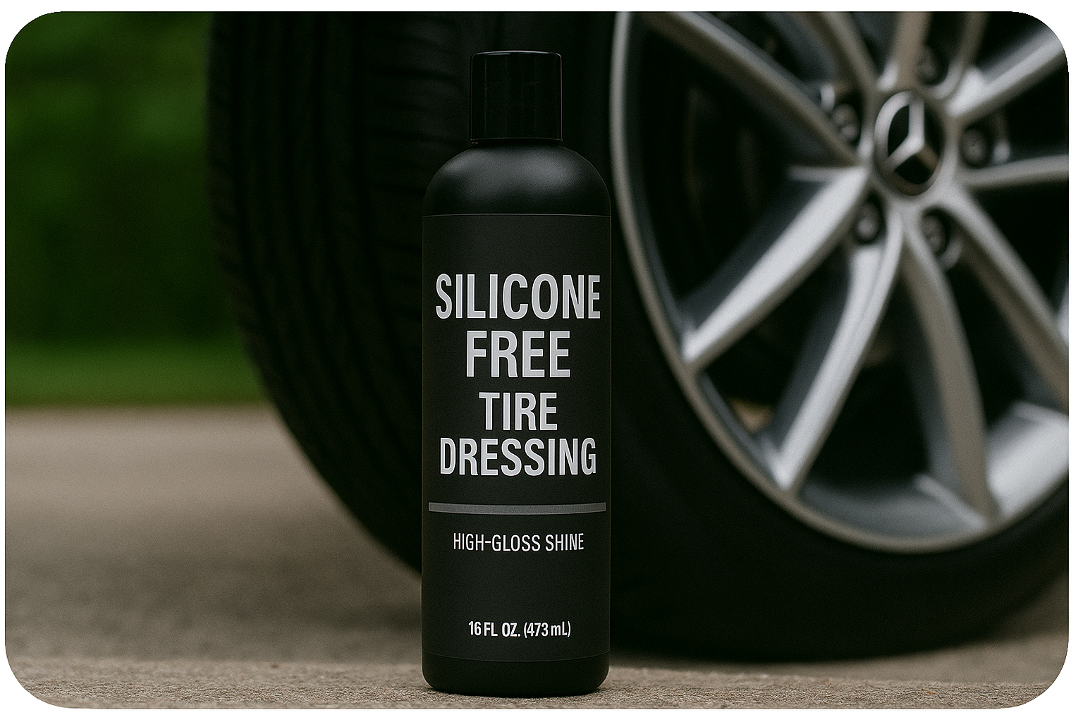 Bottle of silicone-free tire dressing in front of a car tire