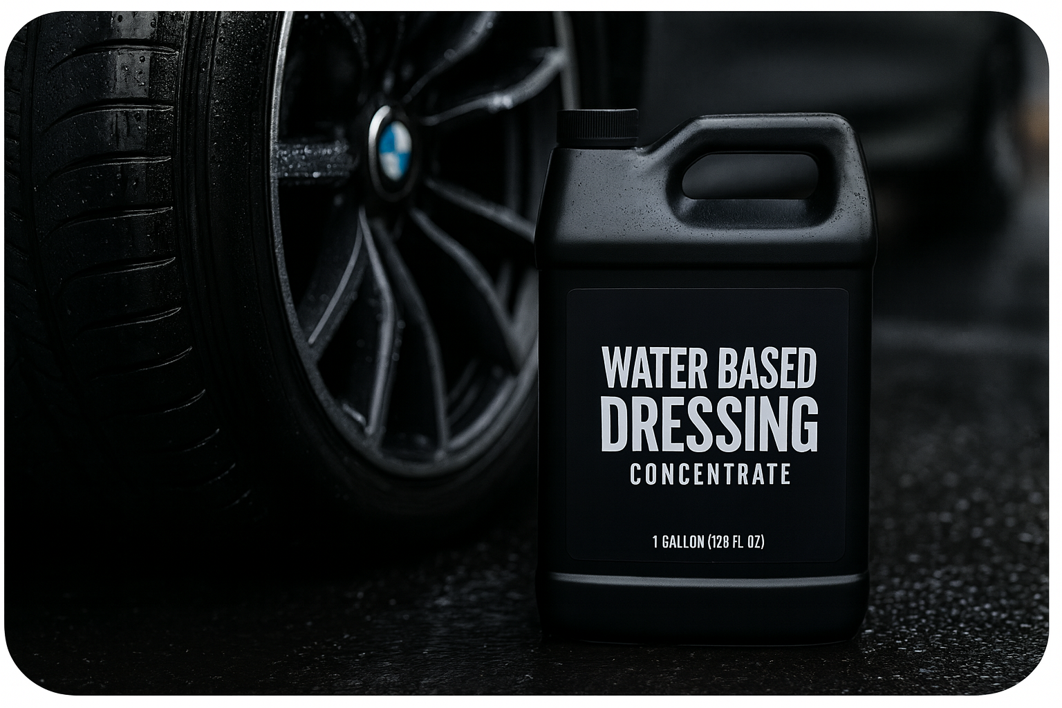 Jug of water-based dressing concentrate next to a car wheel on a dark background